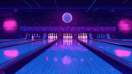 Neon lit bowling alley at night. Pins, lanes, and a disco ball create a retro scene
