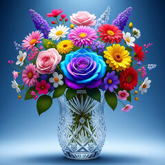 A vibrant bouquet of assorted colorful flowers including roses daisies and lavender arranged in a clear crystal vase with intricate patterns