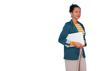 Black businesswoman holding a laptop, standing confidently, looking away, planning future business strategies. Transparent background