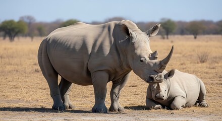Fototapeta premium Rhino and calf in savannah landscape.