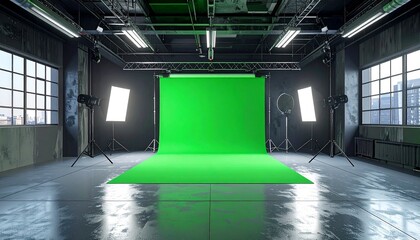 Professional studio setup with green screen backdrop, softbox lights, and polished concrete floor for video production.