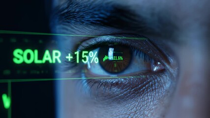 Man Eyes Futuristic Solar and Wind Energy Stock Market Data Display - Powered by Adobe