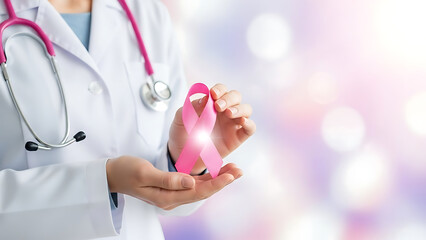 Doctor holds a glowing pink awareness ribbon symbolizing hope and support for breast cancer patients