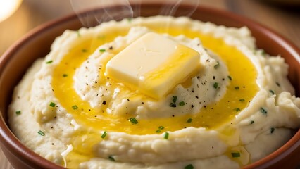 Steaming Hot Creamy Mashed Potatoes With Melting Butter And Chives In Rustic Bowl.