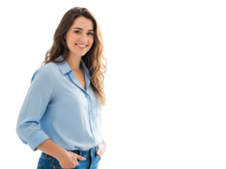 Smiling young woman with wavy brown hair wearing a light blue shirt and jeans, hands in pockets, looking at camera, isolated on white background. isolated on transparent background