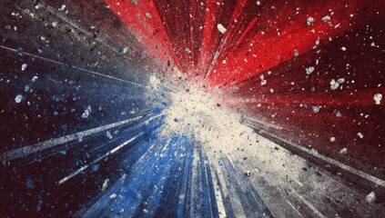 Dynamic red, white, and blue explosion with radiating light and flying debris