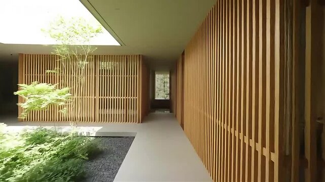 Modern japanese architecture walkthrough next to zen garden courtyard with slatted wood screening and skylight