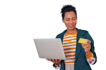 Black woman shopping online, holding laptop and credit card, making secure e-commerce payment