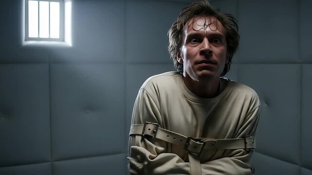 prisoner in padded cell with restraints, tense fearful stare