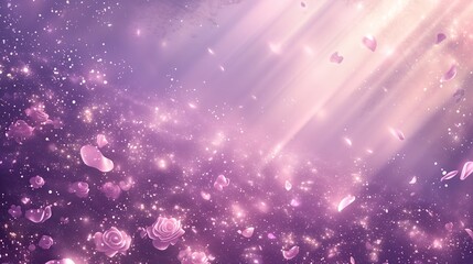 Obraz premium Dreamy Purple Backdrop with Floating Pink Rose Petals & Sparkles – Anniversary Posters, Romantic Event Graphics, Soft Glam Design
