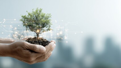 Human and nature connection shown by hands holding a sapling, smart city digital overlay, abstract technology lines, minimalist background, generous copy space, modern ESG advertising visual
