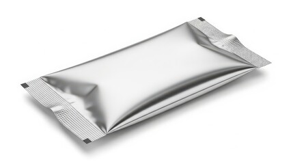 Silver foil pouch packaging on white background