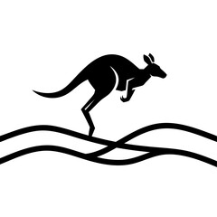 Black silhouette of kangaroo jumping over ocean waves for Australia Day celebration