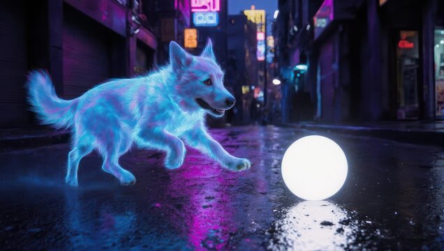 Futuristic Holographic Dog Plays With Glowing Orb in Neon City Street.