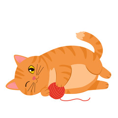 Cute Ginger Tabby Cat Playing with Red Yarn Ball, Vector Illustration for Knitting Hobbies, Pet Shops, and Children's Design © Tais