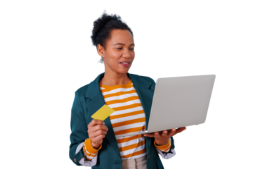 Woman shopping online using laptop and credit card, managing e-commerce transactions and digital payments on transparent background