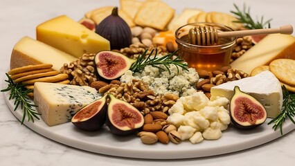Gourmet Cheese Board Platter with Assorted Cheeses Figs Honey Nuts and Crackers.