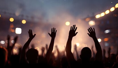 Silhouetted crowd with raised hands at an event, surrounded by bokeh lights and smoke