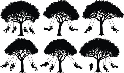 Silhouette trees with swings, various people configurations, social interaction concept, black and white contrast, flat vector illustration