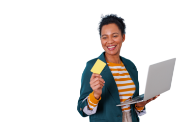 Happy young black woman holding credit card and laptop, enjoying online shopping, e-commerce, and secure digital payment on transparent background