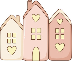 Cute Pastel Houses with Heart Decorations Illustration for Valentine's Day and Cozy Home Concept