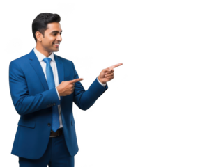 Smiling businessman in a blue suit pointing with both hands to the right, looking away from camera, isolated on white background. isolated on transparent background