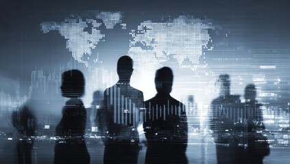 Silhouettes of professionals with a world map and data visualization in a global business concept