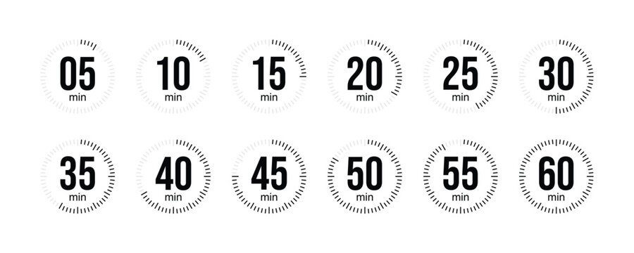 Set of timer icons. Clock symbols, stopwatch timer icons. Cooking time icons.