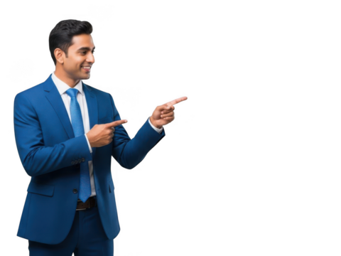 Smiling businessman in a blue suit pointing with both hands to the right, looking away from camera, isolated on white background. isolated on transparent background - Powered by Adobe