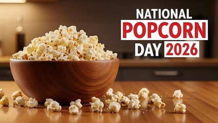 National Popcorn Day 2026 Celebration with Wooden Bowl of Fresh Popcorn on Table, Movie Night and Cinema Snack Concept
