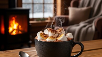 Steaming Hot Chocolate With Marshmallows In Cozy Winter Cabin Setting By Fireplace.