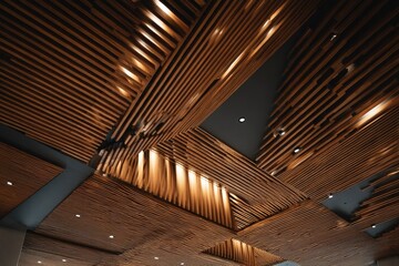 Wooden slats intricately arranged on a ceiling with ambient lighting for a modern architectural design