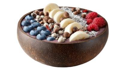 A white bowl filled with fresh muesli and healthy oatmeal porridge topped with sweet blueberries and strawberries served with milk for a nutritious berry breakfast meal