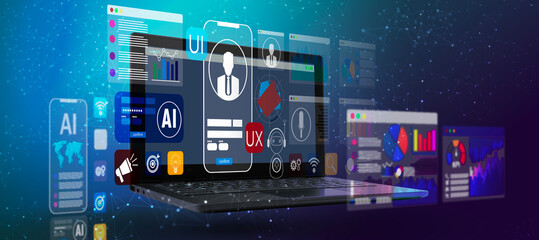 AI UI UX design dashboard on laptop with app interface, analytics and data visualization