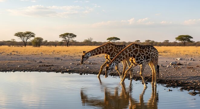 Two giraffes drinking from a pond. - Powered by Adobe