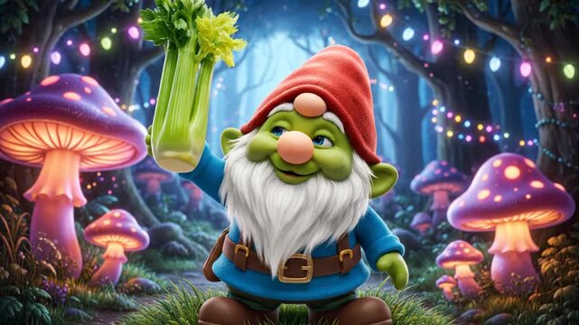 Fantasy gnome holding celery with mushrooms