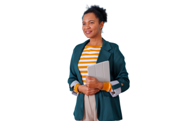 Confident adult african american woman holding a tablet, smiling, representing business, education, and technology with transparent background