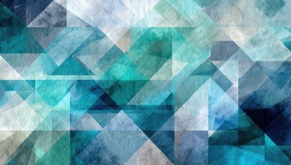 Abstract composition featuring overlapping geometric shapes in varying shades of blue and teal