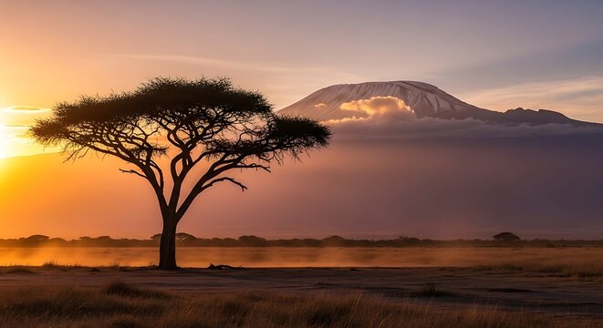Tree in savannah with mountain background.