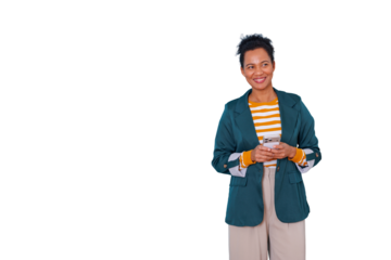 Smiling woman holding smartphone with green blazer and striped shirt, communicating confidently, transparent background