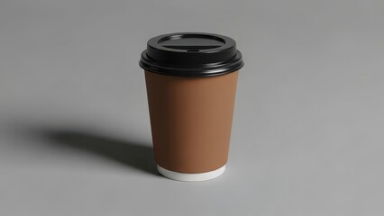 Disposable coffee cup with black lid on gray background