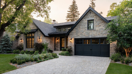 Sophisticated Modern Home with Stone Accents and Elegant Landscaping Set Against a Charming Cobblestone Driveway