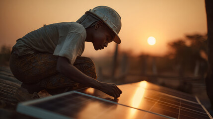 Woman in helmet inspecting solar panel at sunset.