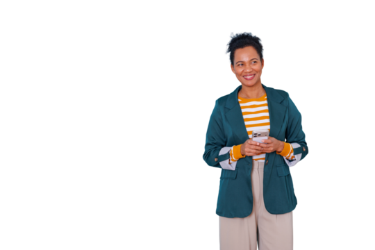 Smiling woman holding smartphone with green blazer and striped shirt, communicating confidently, transparent background - Powered by Adobe