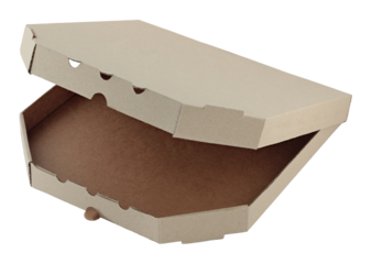 Open Craft pizza box isolated on transparent background with natural reflection and shadows. Cardboard packaging for delivery or branding design, eco-friendly and perfect for restaurant presentations