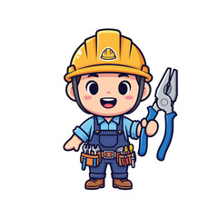 Fototapeta premium Cute cartoon construction worker with helmet and pliers in a cheerful pose