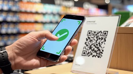 Customer scanning a QR code with smartphone for contactless payment at retail store showcasing modern technology and digital shopping experience - Powered by Adobe