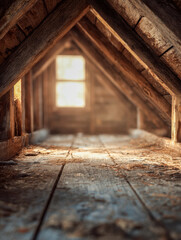 Sunlit empty rustic attic space with wooden beams and weathered floorboards showcasing warm natural light through a distant window in a cozy home interior design