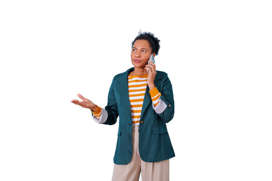 Black woman talking on smartphone, expressing confusion or questioning during a business communication, transparent background