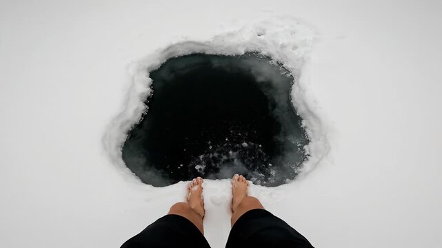 POV of barefoot man walking on white snow towards dark ice hole. Concept of winter swimming, hardening and healthy lifestyle. Cold weather activity.